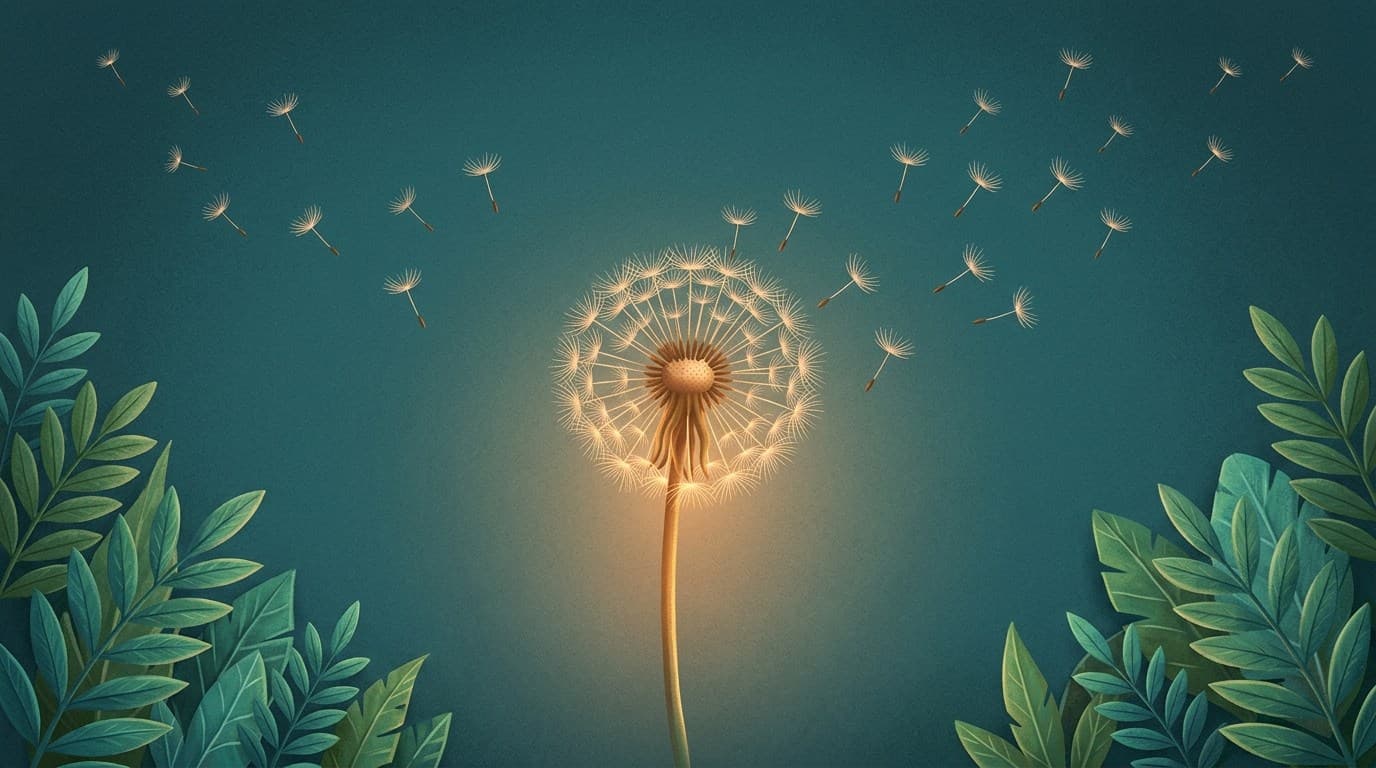 A glowing dandelion releasing seeds over a leafy teal background, evoking playful mindfulness games for kids