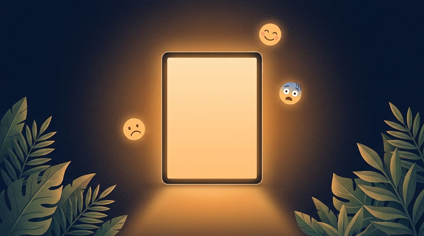 A softly glowing tablet ringed by emoji faces and leaves, illustrating how screen time affects children's emotional regulation