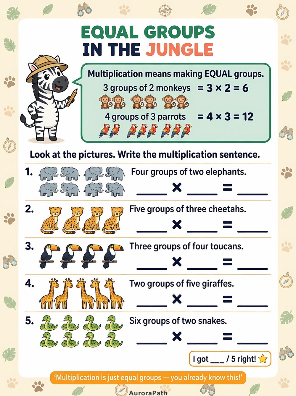 Multiply by the Jungle — 3rd Grade ×2 to ×5 Times Tables worksheet 1