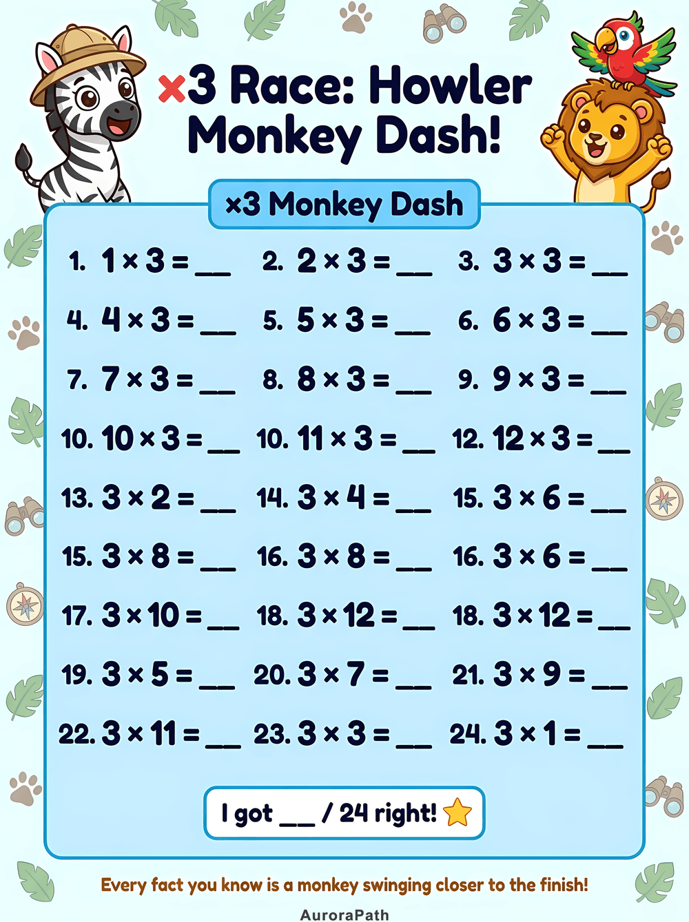 Multiply by the Jungle — 3rd Grade ×2 to ×5 Times Tables worksheet 3