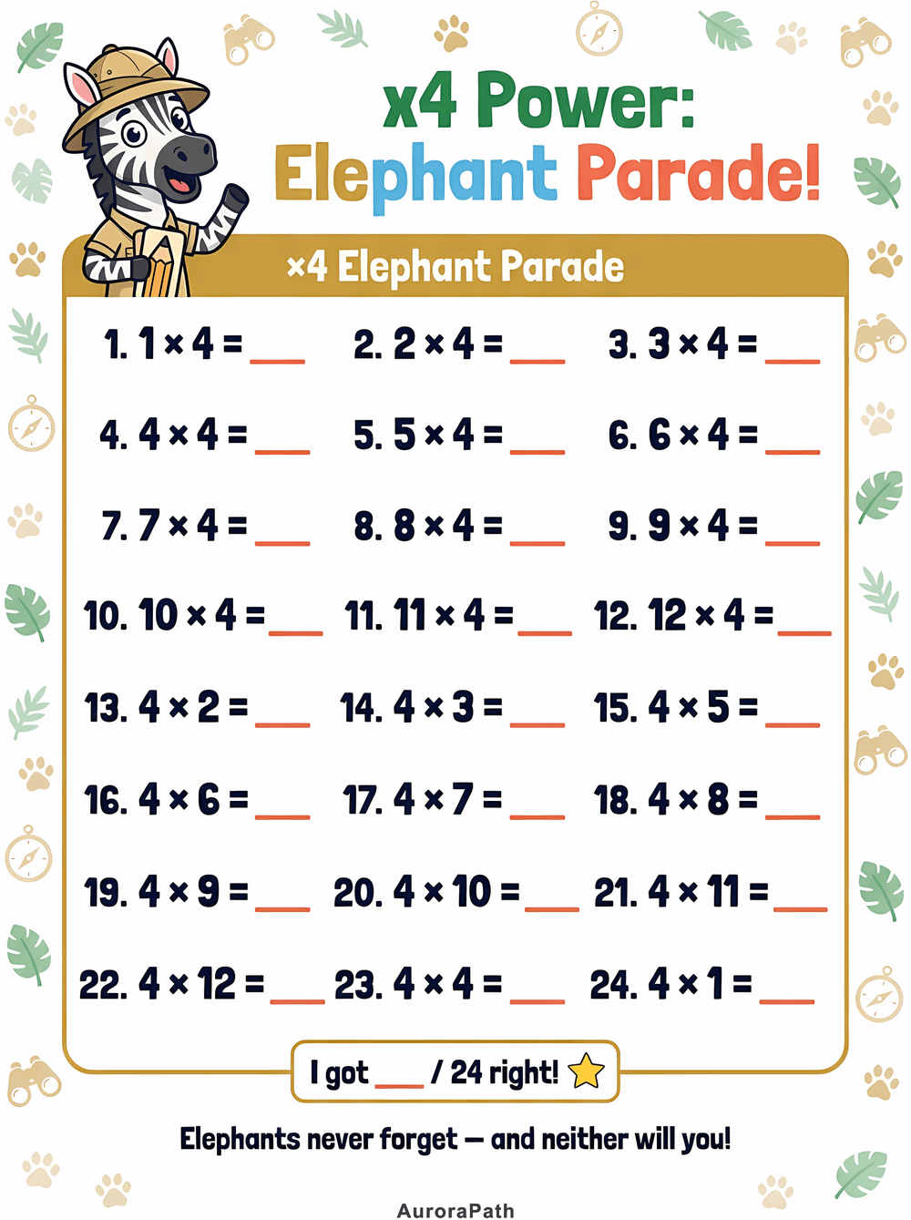 Multiply by the Jungle — 3rd Grade ×2 to ×5 Times Tables worksheet 4